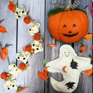 Primitive Halloween Garland Ghosts Pumpkins Bows Wired Felt Banner Bunting Doorw